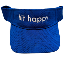 Load image into Gallery viewer, A royal blue mesh visor with the words 'hit happy' embroidered in white across the front band, shown against a plain white background.