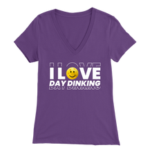 Load image into Gallery viewer, Purple Pickleball "I Love Day Dinking" - Women's Bella V-Neck T-Shirt