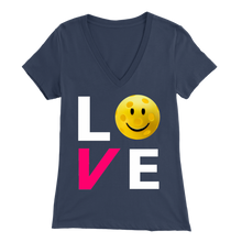 Load image into Gallery viewer, Navy Blue "LOVE Pickleball" - Women's Bella V-Neck T-Shirt