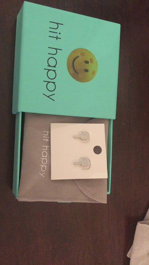 A video of the Pickleball Paddle Earrings in a gift box