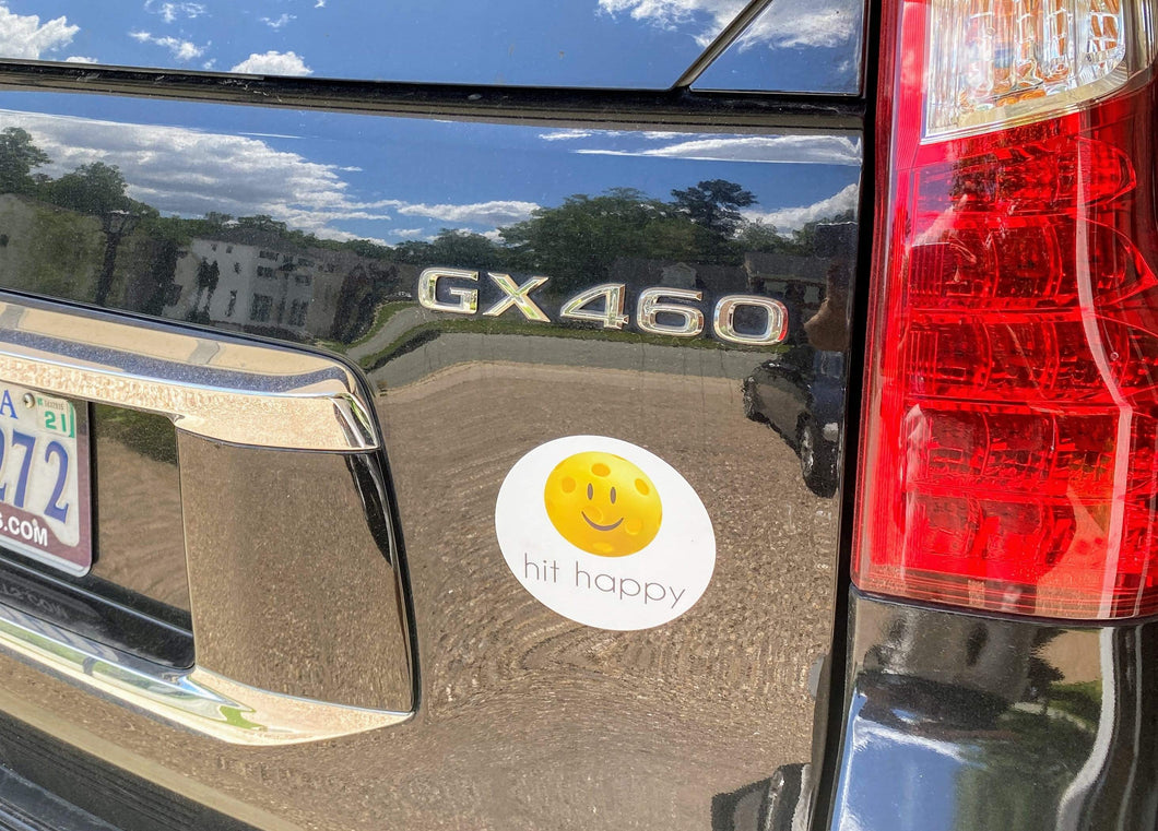 Hit Happy Pickleball Car Magnet on a car